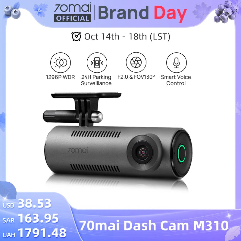 70mai Dash Cam M310 1296P Resolution 130°FOV Smart Voice Control Support 24H Parking Guard Night Vision 70mai M310 Car DVR