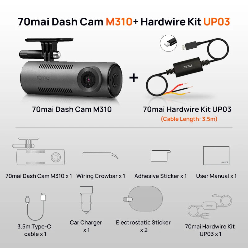 70mai Dash Cam M310 1296P Resolution 130°FOV Smart Voice Control Support 24H Parking Guard Night Vision 70mai M310 Car DVR